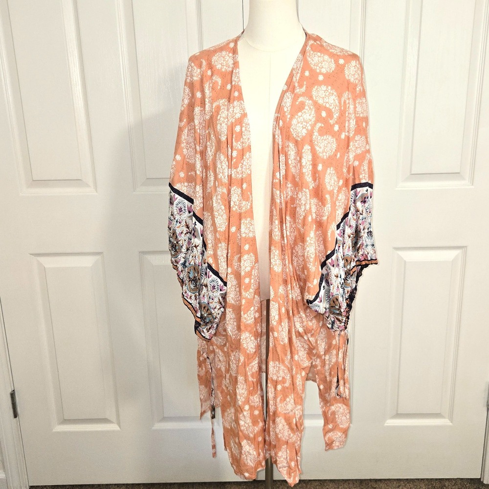 Entro Kimono Women OS Peach Paisley Floral Drawstring Sleeve Open Front NEW